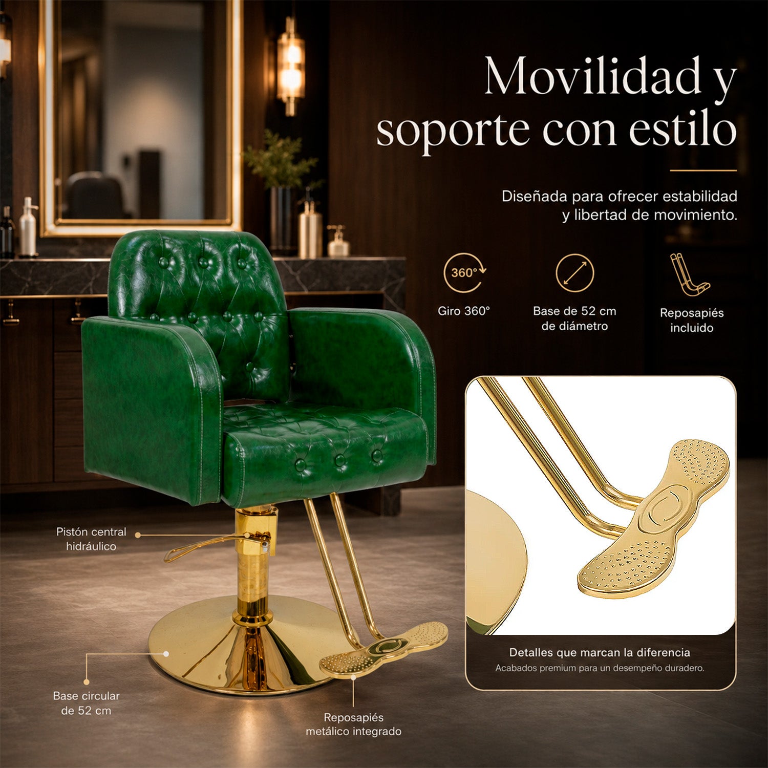 Silla Sillón Premium Barberia Estética 360° Neumática Verde