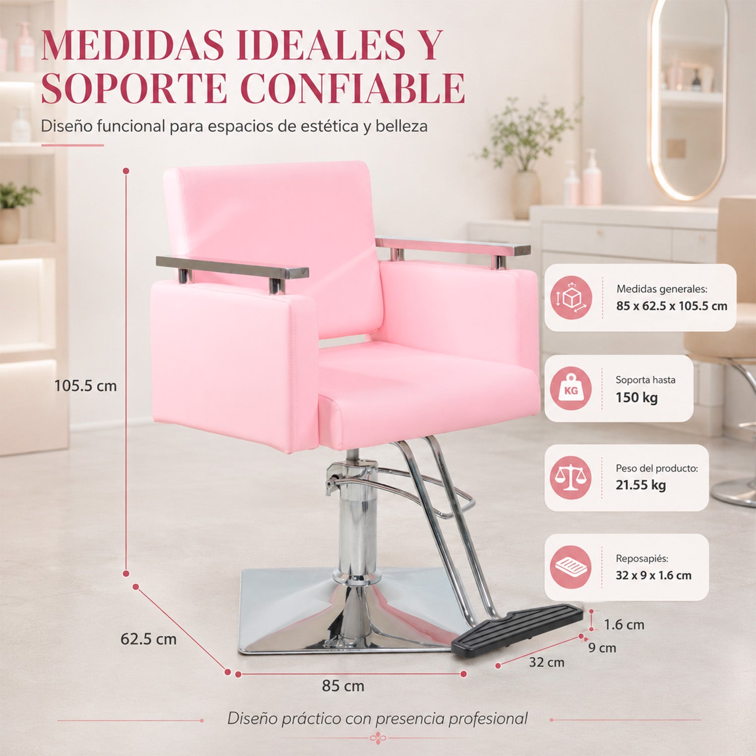 Sillón Silla Barberia Estética Cuadrada 360° Moderna Rosa