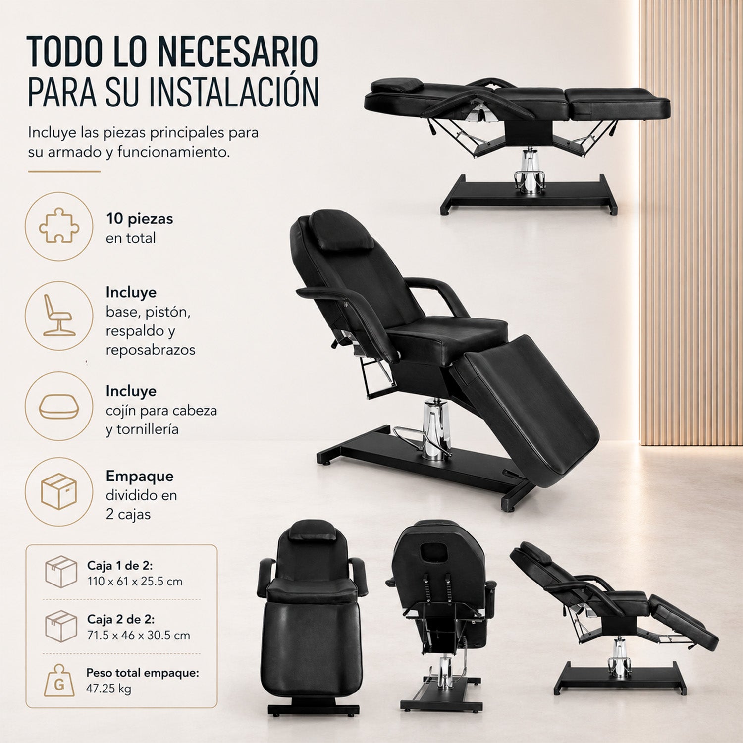 Silla Faciales Cama Camilla Sillón Spa Masaje Hidráulica Negra