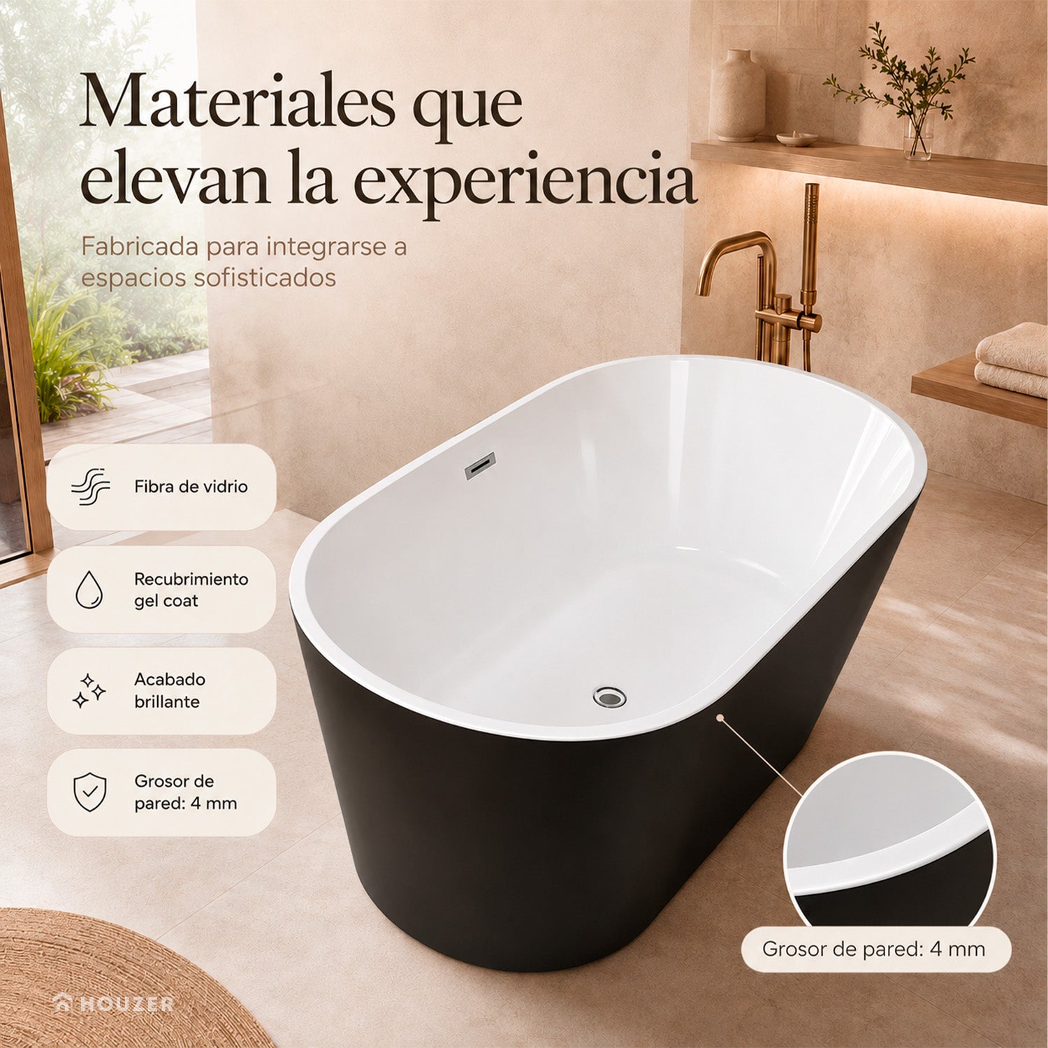 Tina Baño Lujo 2 Personas Fibra De Vidrio 169 X 75.5 X 59 Cm Marca Houzer