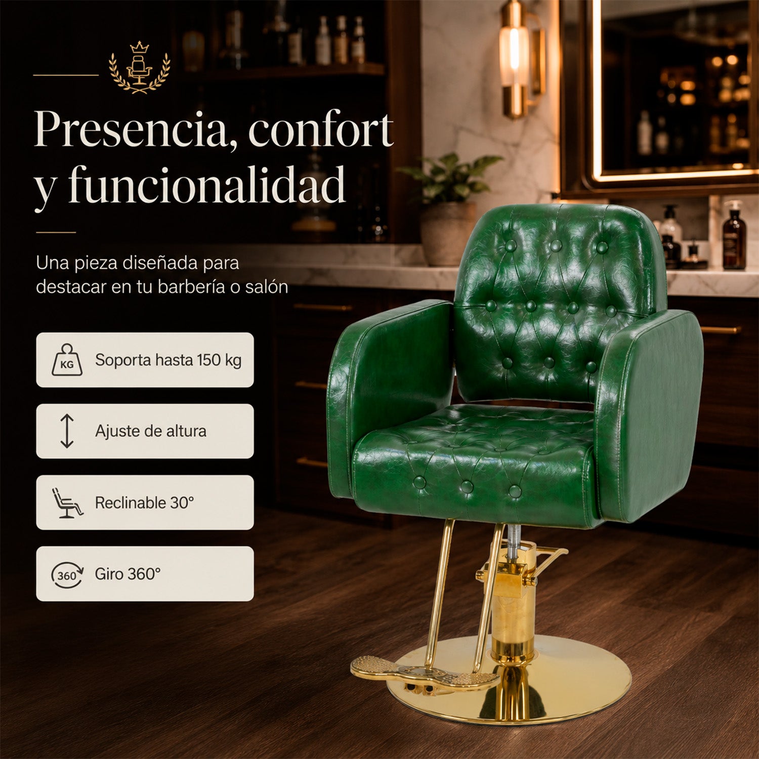 Silla Sillón Premium Barberia Estética 360° Neumática Verde
