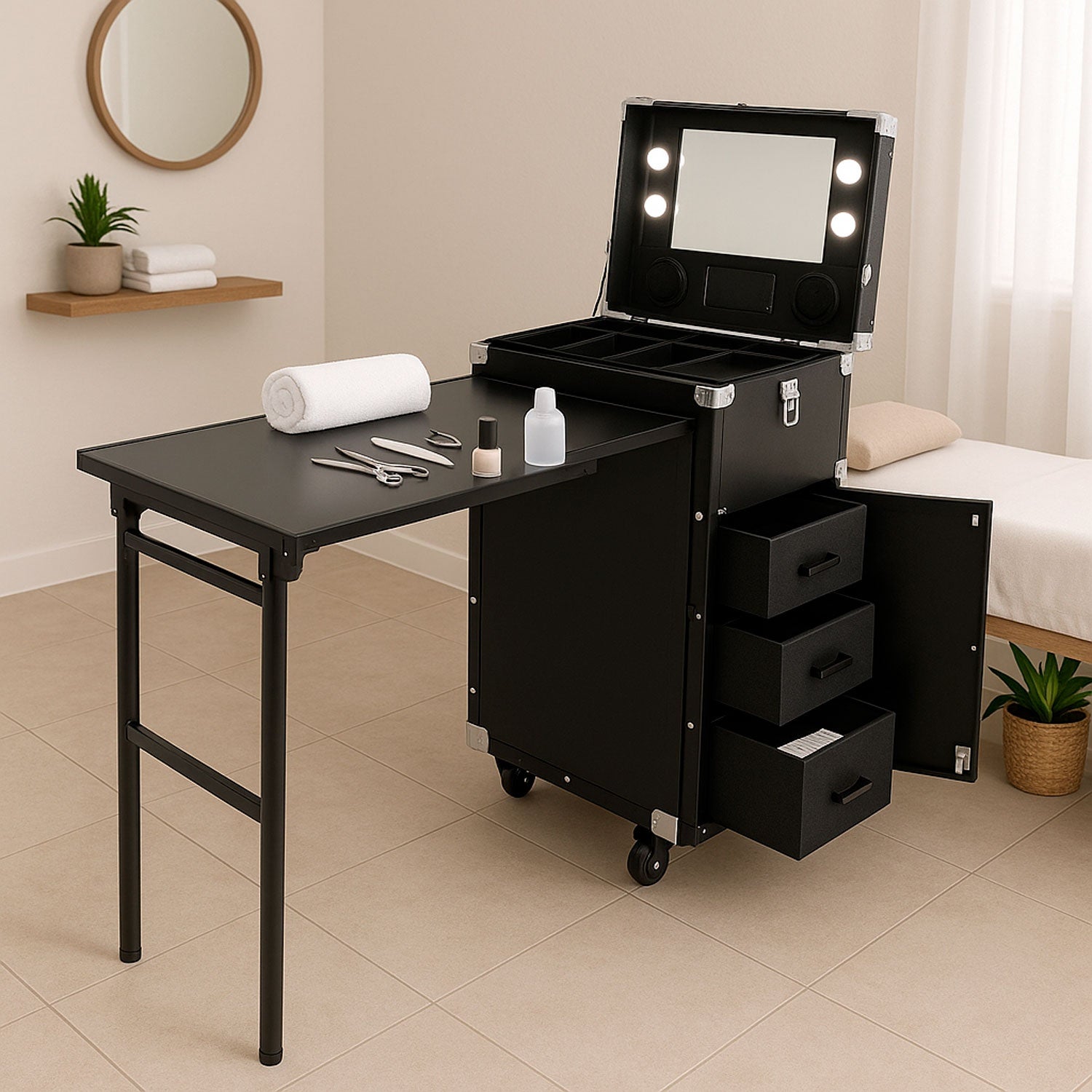 Mesa Portátil Manicura Plegable Uñas Salón de Belleza Bluetooth Bocinas Negra