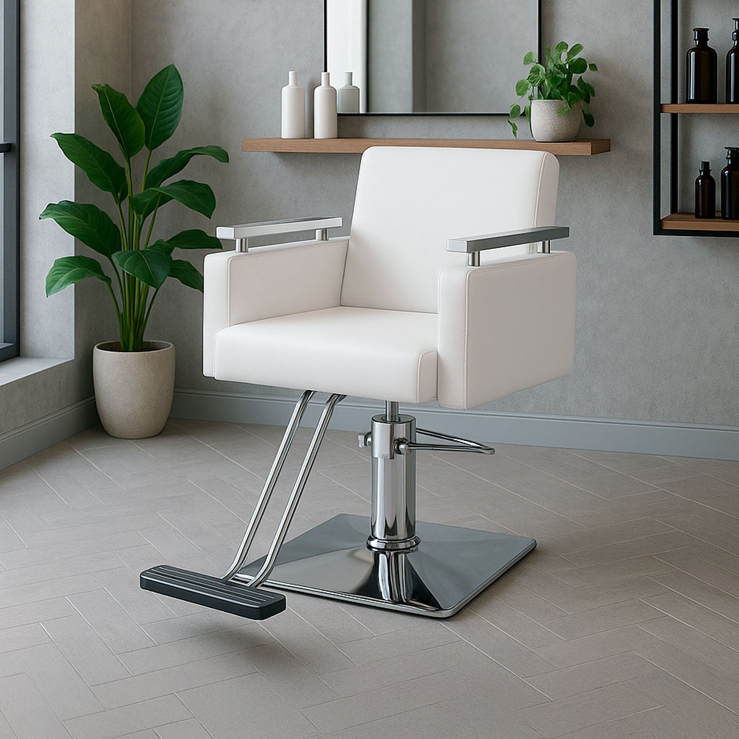 Sillón Silla Barberia Estética Cuadrada 360° Moderna Blanco