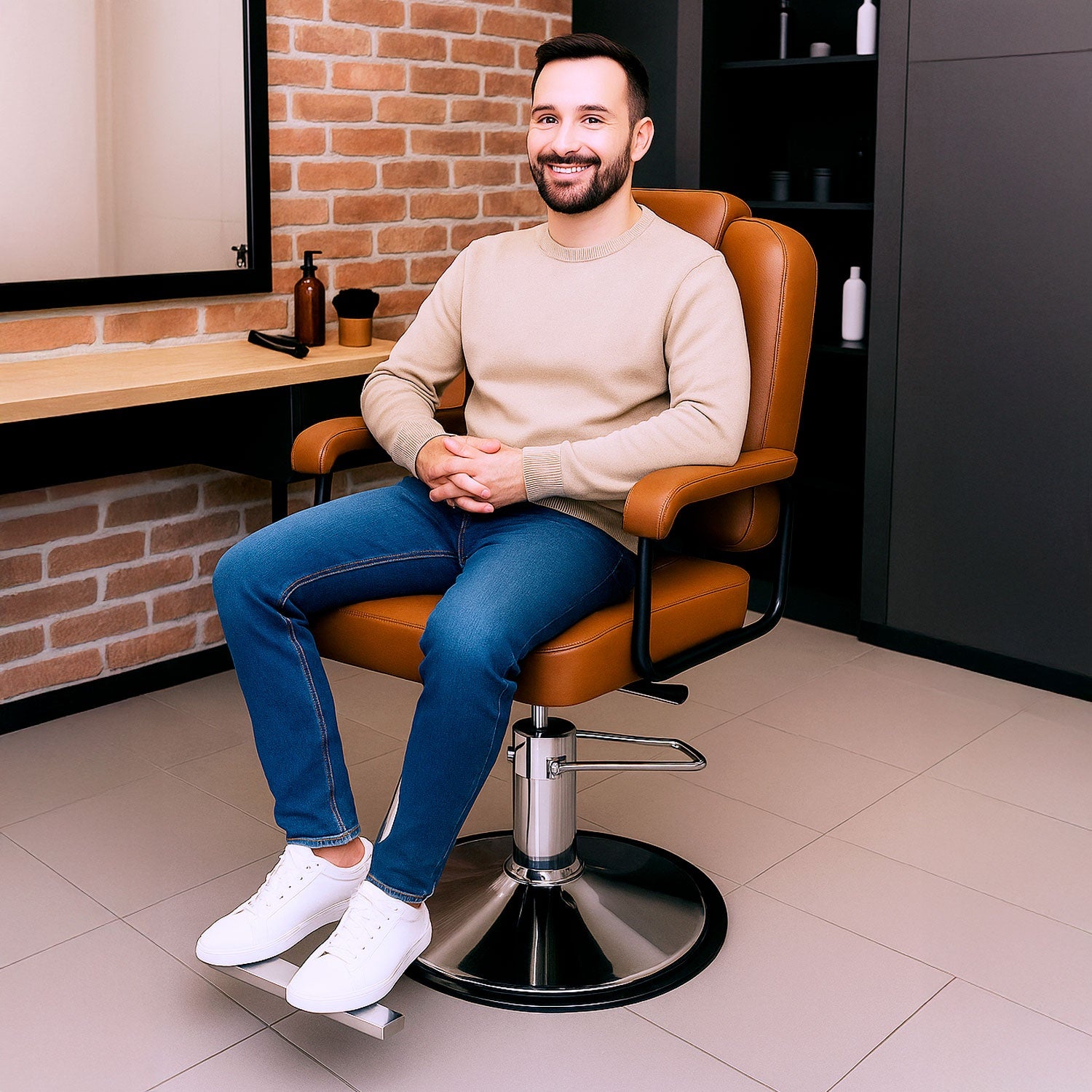 Silla Estética Barberia Gira 360° Neumática Cuadrada Ajustable Inclinación 45° Café