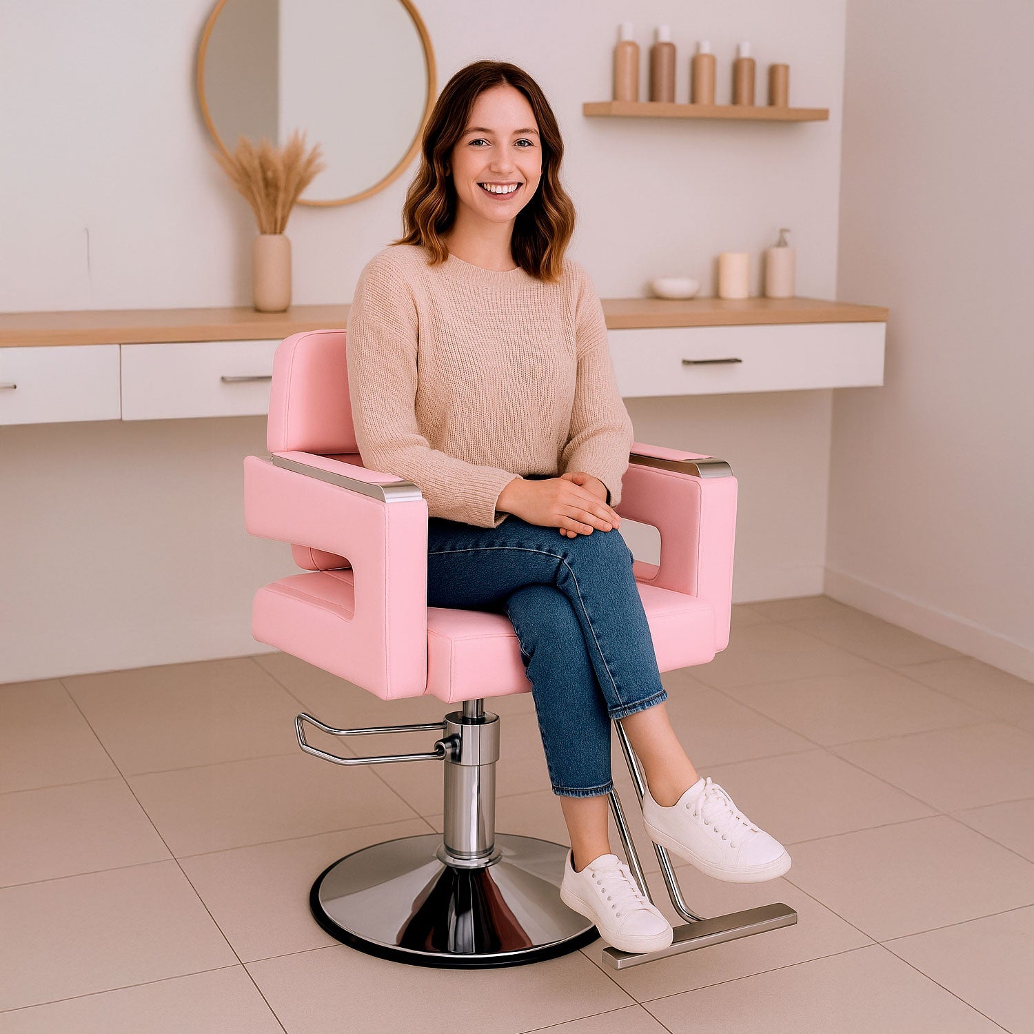 Silla Estetica Barberia Hidraulica Neumatica Ajustable Salon Rosa