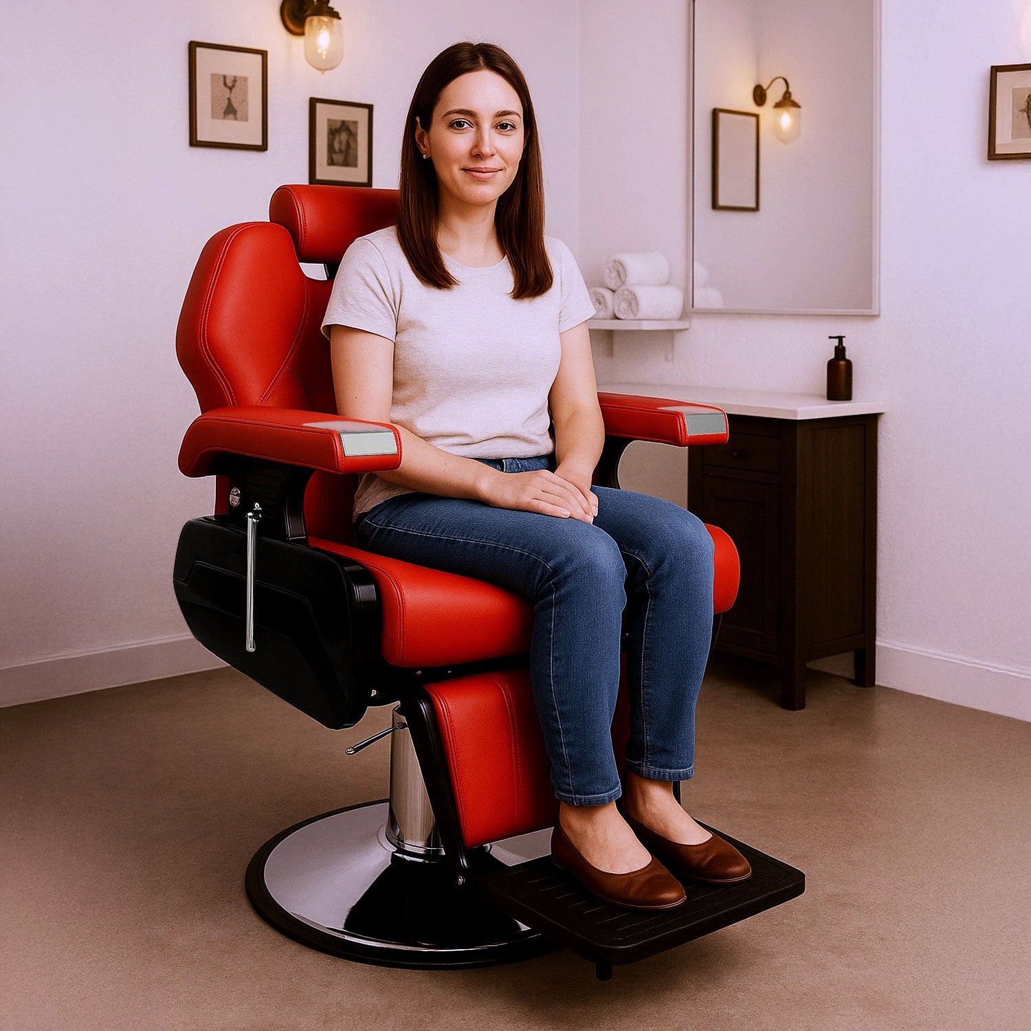 Sillon de Barbero Neumatico para Barberia, Peluqueria o Estetica Rojo