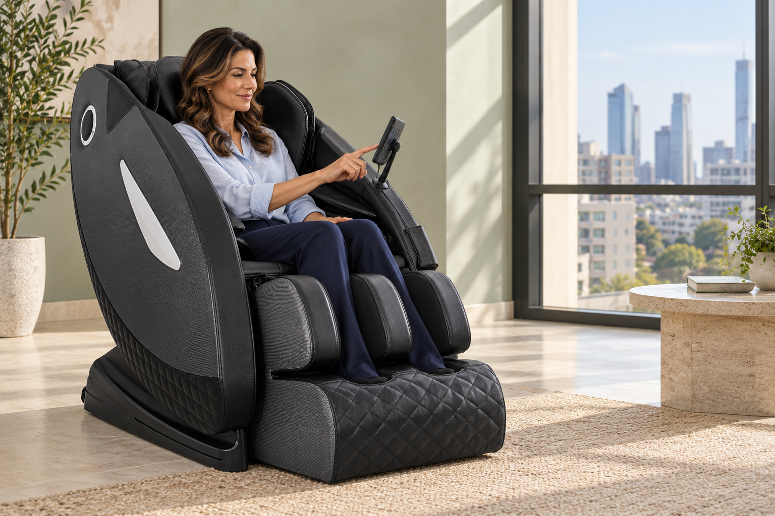 Una mujer usa el control del sillón masajeador negro Nanofort en un departamento luminoso con vista a la ciudad