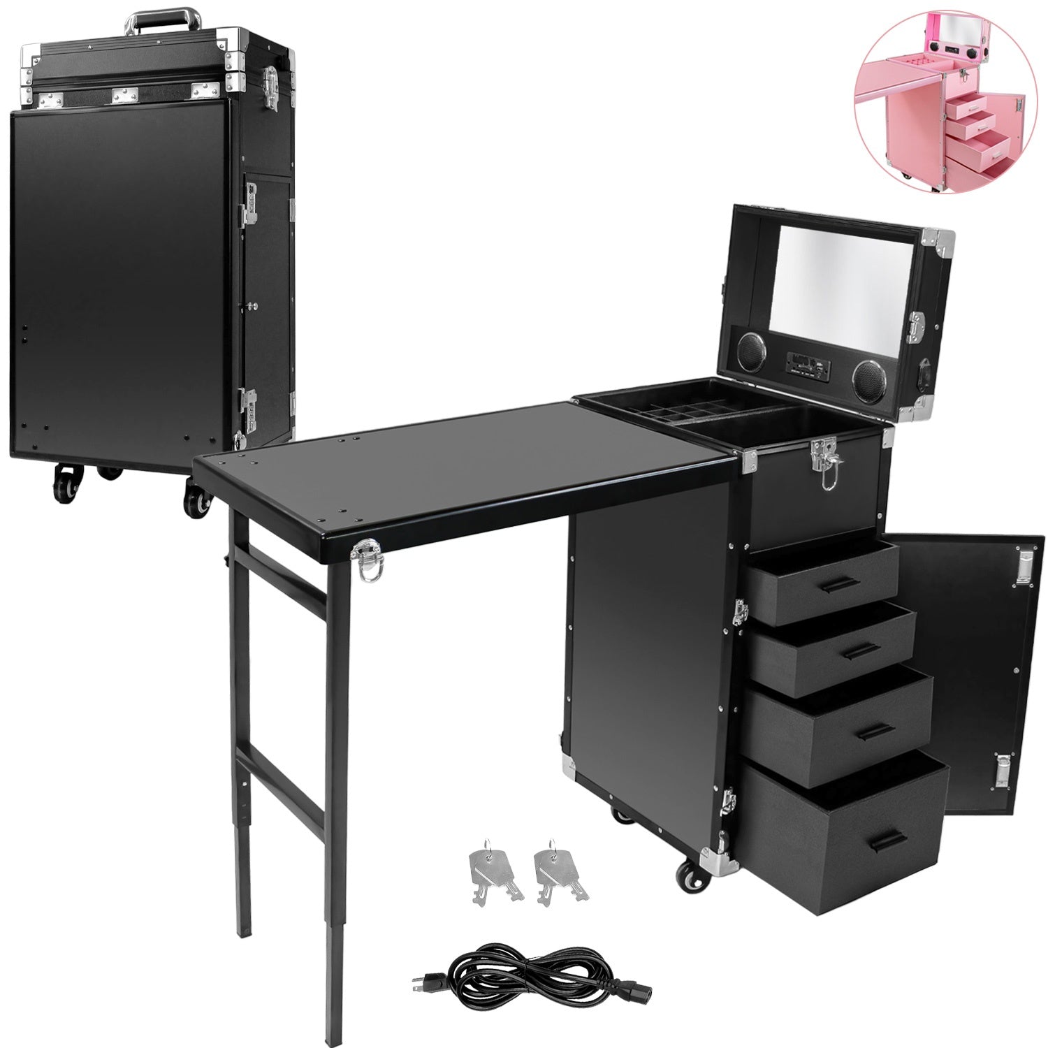 Mesa Portátil Manicura Plegable Uñas Salón de Belleza Bluetooth Bocinas Negra